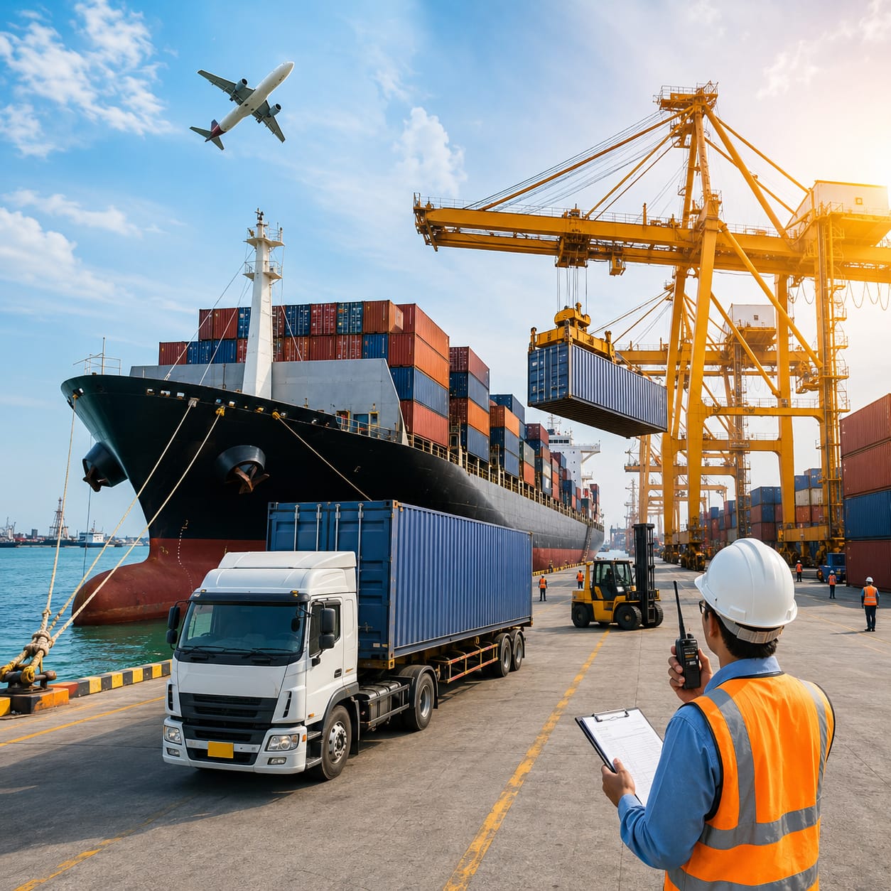 Export logistics with shipping containers, cargo ship, crane, truck, and port team